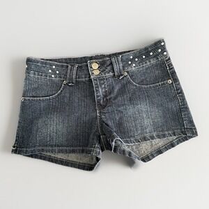 Y2K Studded Denim Booty Shorts Micro Mini Women's 7/8 Blue‎ Low Rise Beachwear
